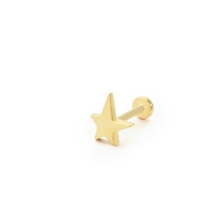 Piercing de estrela sólida 14 k, piercing de ouro com parte traseira plana, piercing de orelha de pino, pino de cartilagem com parte traseira plana, labret minimalista com parte traseira rosqueada, hélice, torre