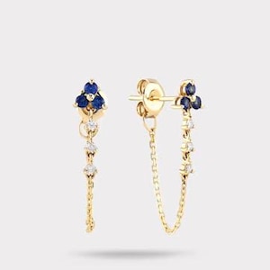 Solid Gold, Solitaire Chain Loop Earrings With Triple Sapphire Stud, Dainty Huggie Earrings, Luxurious Earrings,  Geniue Diamond Earrings