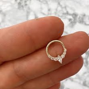 14K Solid Gold Hinge Hoop Earring, Cz Daith Earring, Gold Nose Ring, Hoop Cartilage Earrings, Dainty Minimalist Hoop Piercing, Gold Jewelry