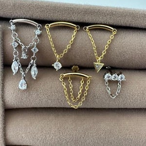 925 Solid Silver, Diamond Drape Chandelier Threaded Stud Earring, Dangle Chain Earrings, Cartilage Helix Chain, Floating Pear Charm Piercing