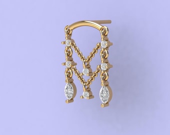 14 K Solid, Diamond Drape Chandelier Threaded Stud Earring, Marquise and Pear Shaped diamonds Helix Piercing, Gold Flat Back Piercing