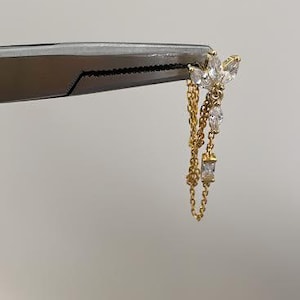 925 Solid Silver, Dangling Chain Earrings, Lotus Shaped Piercing, Cartilage Helix Chain, Floating Solitaire Charm Piercing, Gift for Her