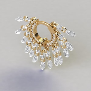 Solid Gold Floating Diamond Tassel Hoop Earring, Brilliant Round and Pear Floating Diamond Tassels Cascades from the Outer Surface, Size 8mm