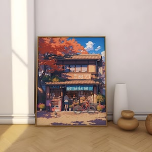 Pósteres verticales mate japoneses para escaparates, arte mural con ambiente otoñal, impresiones de escenas urbanas acogedoras, impresiones de arte japonés nostálgico, estética lofi