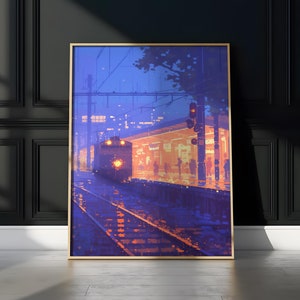 Rainy Train Station Poster for Anime Lovers Cozy Wall Art Aesthetic Japanese Night Scene Gift for Fans of Nostalgic Urban Decor for Bedroom