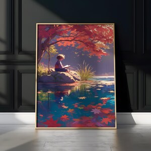 Pósteres verticales mate con escena de estanque de anime, arte de pared con reflejo de árbol otoñal tranquilo, decoración del hogar con estética de anime serena, regalo para amantes de la naturaleza