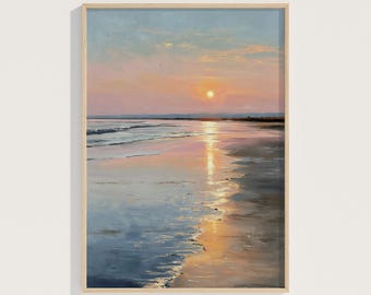 Stampa di un sereno tramonto sulla spiaggia, arte murale con paesaggio costiero, dipinto con orizzonte oceanico (download digitale)