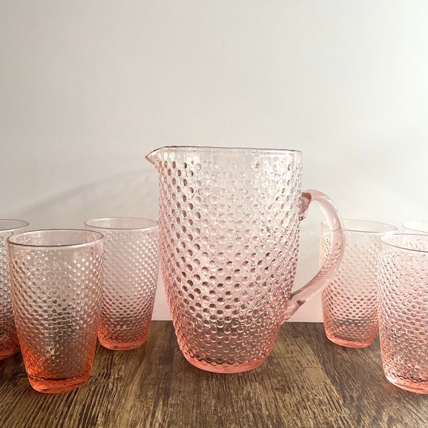 Vintage pink ombré hobnail pitcher and glass set