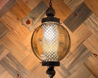 Gorgeous MCM Brass And optic Smoked Glass Swag Lamp Light Fixture Plug In