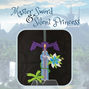 May include: Cross-stitch pattern of the Master Sword from The Legend of Zelda, with a purple blade, green hilt, and a white flower with blue accents.