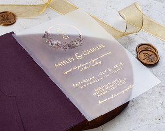Purple and Gold Acrylic Wedding Invitation, Arch Gold Foil Matte Suite