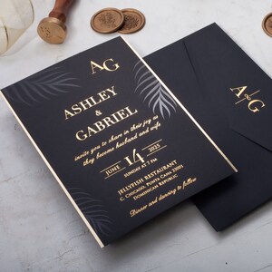 Black and Gold Palm Leaf Wedding Invitation with Foil Print