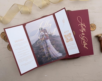 Burgundy Red and Gold Wedding Invitation with Jacket, Foil Trifold, Wax Seal, RSVP QR, Details, Custom Photo, Elegant Formal Event Invite