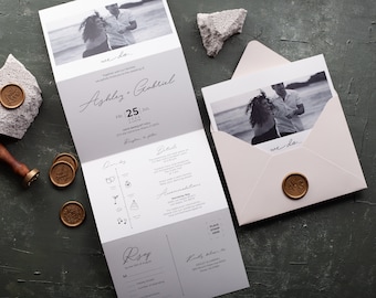 Invitación de boda tríptico con foto — Suite moderna todo en uno con confirmación de asistencia