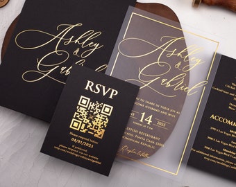 Black Acrylic Wedding Invitation, Gold Foil Matte Modern Suite