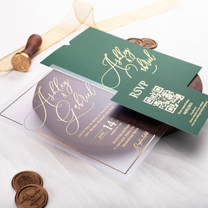 Personalized Elegant Acrylic Wedding Invite, Emerald Green and Gold Foil Printed Invitation