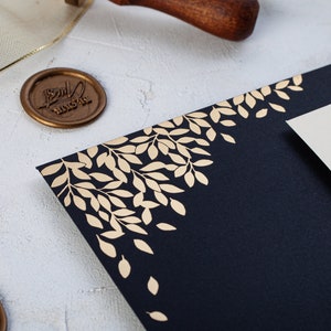 Black and Gold Wedding Invitation with Embossed Leaves, Minimalist and Personalized Wedding Invite