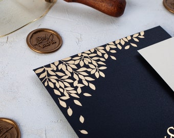 Black & Gold Embossed Floral Wedding Invitation with Sleeve