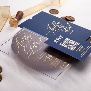 Personalized navy blue and gold acrylic wedding invitation featuring elegant gold foil print