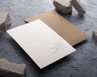 Minimalist Embossed Save The Date Cards with Ecru Envelopes
