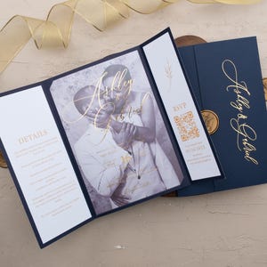 Navy Blue Wedding Invitation with Gold Foil, Photo Insert, QR RSVP, Wax Seal, Elegant Custom Wedding Set, Formal Invite