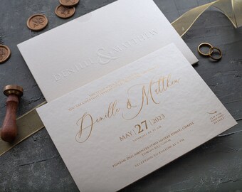 Embossed Wedding Invitation | Gold Foil on Ivory Card with Blind Print Details