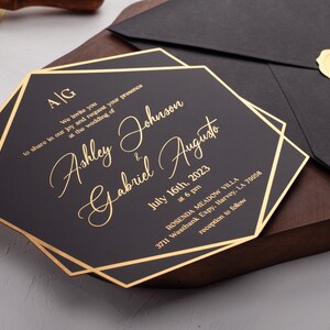 Black & Gold Foil Acrylic Wedding Invitation Set with Printed Details