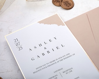 Blush Pink and Gold Wedding Invitation, Minimalist Foil Frame Design