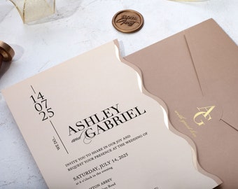 Beige Wedding Invitation, Gold Foil Scalloped Edge Suite