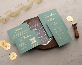 Luxury Geometric Wedding Invitations with Gold Foil, Green Envelope, and Acrylic Design, Wax Seal Stationery