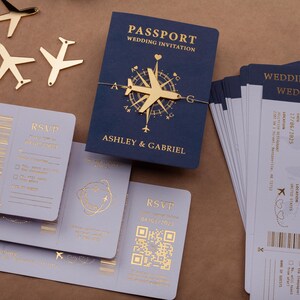 Navy Passport Wedding Invitation, Gold Foil Boarding Pass, Destination Wedding RSVP, Travel Themed Invite with Plane Charm