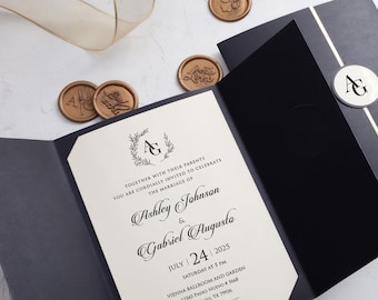 Convite de casamento dobrável preto com detalhes dourados | Cartolina marfim