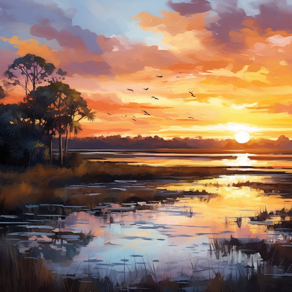 Beautiful Lowcountry Marsh Sunset Oil Painting Print, South Carolina Wall Art, Digital Download