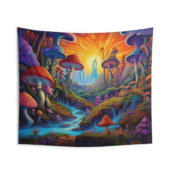 Psychedelic Magic Mushroom Enchanted Village Tapestry Etsy