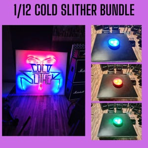 May include: The image showcases a neon sign with the text "COLD SLITHER" in a stylized font, illuminated with blue and pink lights. The sign is part of a bundle, with three additional images of black platforms with colored lights: blue, red, and green.