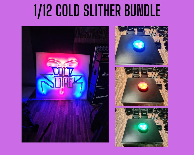 May include: The image showcases a neon sign with the text "COLD SLITHER" in a stylized font, illuminated with blue and pink lights. The sign is part of a bundle, with three additional images of black platforms with colored lights: blue, red, and green.