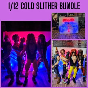 May include: The image showcases a collection of action figures, with the text "1/12 COLD SLITHER BUNDLE" at the top. The figures are posed in various action stances, with vibrant lighting effects. The figures are in a variety of colors.