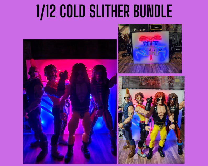 May include: The image showcases a collection of action figures, with the text "1/12 COLD SLITHER BUNDLE" at the top. The figures are posed in various action stances, with vibrant lighting effects. The figures are in a variety of colors.
