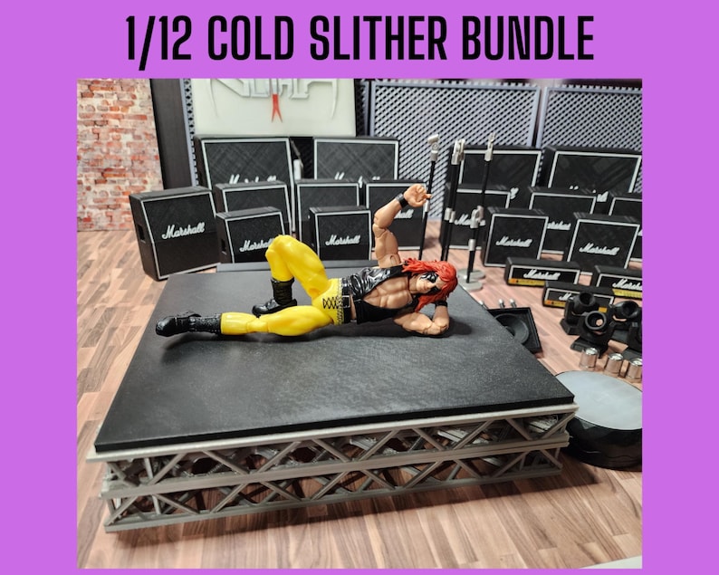 May include: A 1/12 Cold Slither Bundle featuring a wrestling action figure in yellow pants and a black vest, lying on a stage. The stage is surrounded by Marshall amplifiers and speakers. The text "1/12 COLD SLITHER BUNDLE" is at the top.