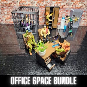 May include: A set of miniature office furniture and figures, including a desk with drawers, a chair, a cage, a locker, and a safe. The furniture is made of wood and painted in brown and black. The figures are made of plastic and painted in various colors. The set is labeled "Office Space Bundle".