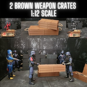 May include: Two brown wooden crates with metal clasps and hinges. The crates are 1:12 scale and are suitable for use with action figures.