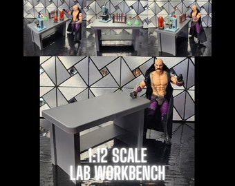 May include: A 1:12 scale gray lab workbench with a lower shelf. The workbench is made of plastic and is suitable for use with action figures.