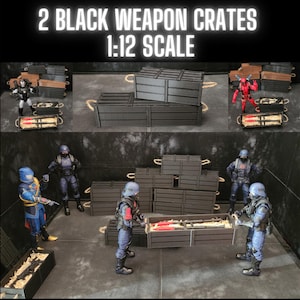 May include: Two black wooden crates with rope handles, stacked on top of each other. The crates are 1:12 scale and are perfect for action figures.