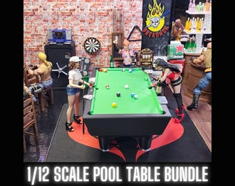 May include: A miniature pool table with a green felt surface, surrounded by figurines in a bar setting. The scene includes a dartboard, bar, and various accessories. The text "1/12 SCALE POOL TABLE BUNDLE" is at the bottom.