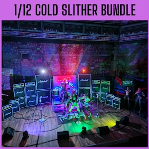 May include: A miniature stage set with the text "1/12 COLD SLITHER BUNDLE" at the top. The stage features a band, Marshall amplifiers, and a drum set. The background depicts a concert crowd with colorful lighting.