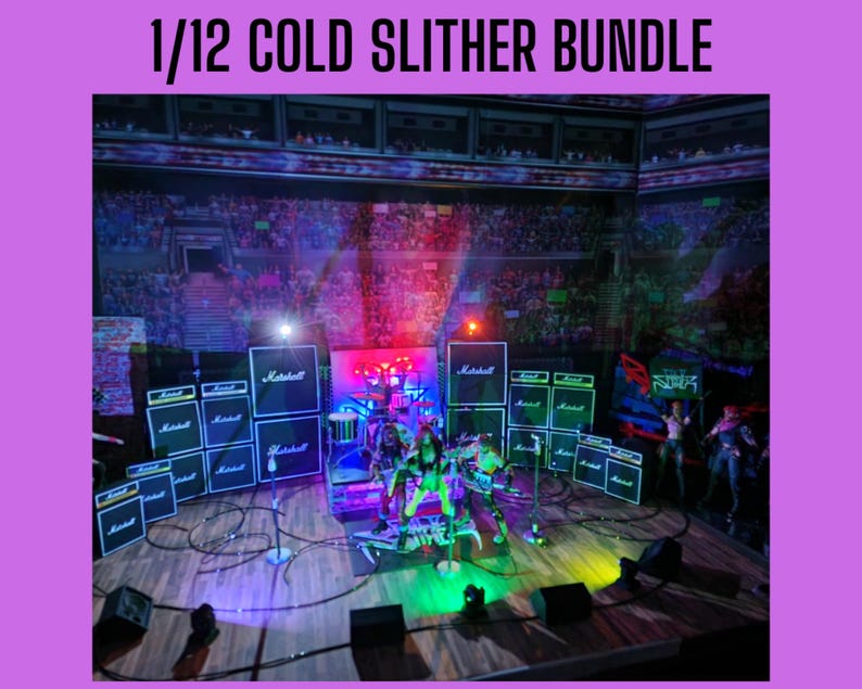 May include: A miniature stage set with the text "1/12 COLD SLITHER BUNDLE" at the top. The stage features a band, Marshall amplifiers, and a drum set. The background depicts a concert crowd with colorful lighting.