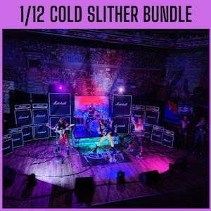 May include: A miniature stage set with a band performing. The stage features Marshall amplifiers, a drum set, and figures of musicians. The backdrop shows a crowd. The text "1/12 COLD SLITHER BUNDLE" is at the top.