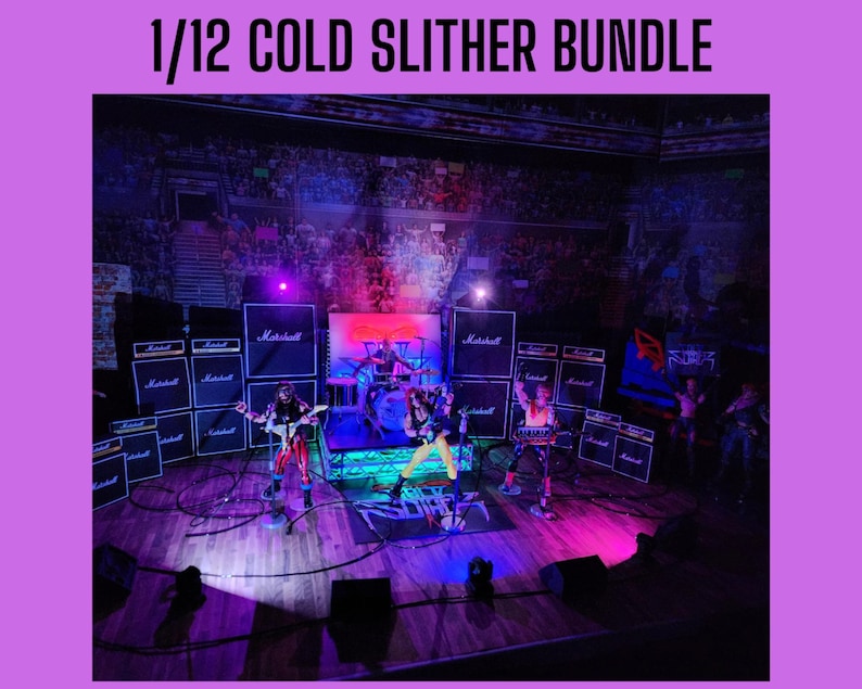 May include: A miniature stage set with a band performing. The stage features Marshall amplifiers, a drum set, and figures of musicians. The backdrop shows a crowd. The text "1/12 COLD SLITHER BUNDLE" is at the top.