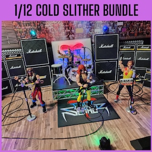 May include: A 1/12 Cold Slither band action figure bundle. The figures are posed on a stage with Marshall amplifiers, a drum set, and a stage rug. The band members are wearing colorful outfits and holding instruments.