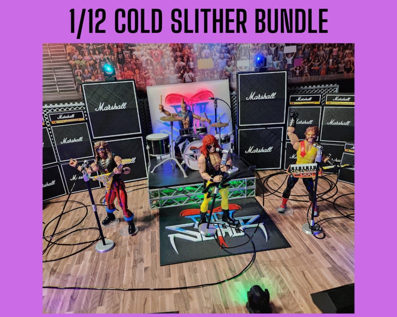 May include: A 1/12 Cold Slither band action figure bundle. The figures are posed on a stage with Marshall amplifiers, a drum set, and a stage rug. The band members are wearing colorful outfits and holding instruments.